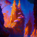 Luminous Orange and Purple Temple Amid Otherworldly Trees