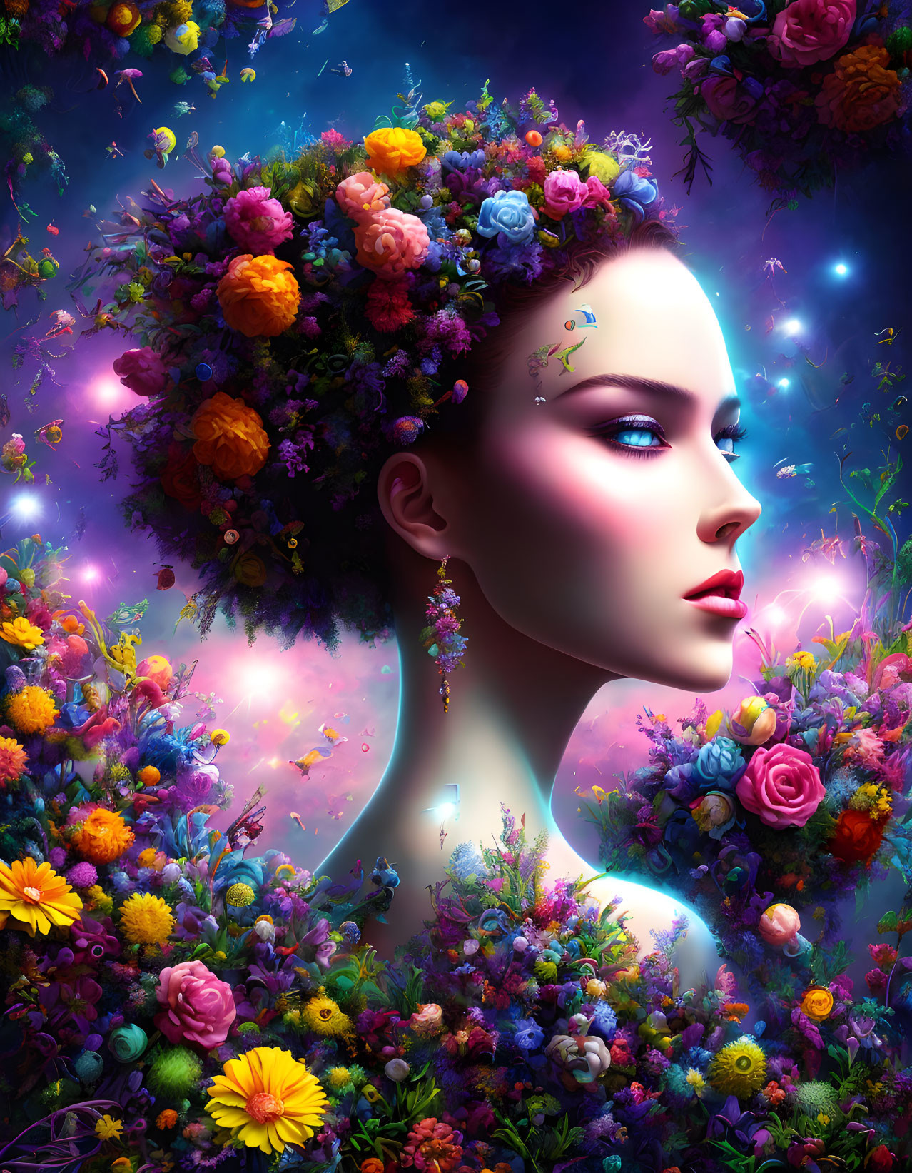 Colorful digital artwork of a woman with floral headpiece on mystical background