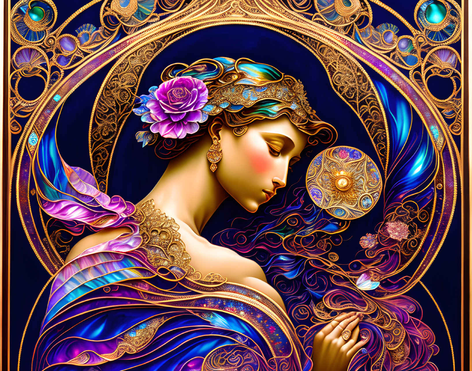 Detailed digital artwork of woman with gold jewelry, ornate patterns, peacock feathers