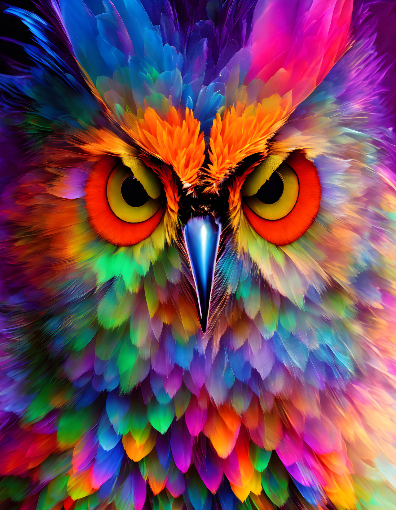 Colorful Rainbow Owl with Yellow-Orange Eyes