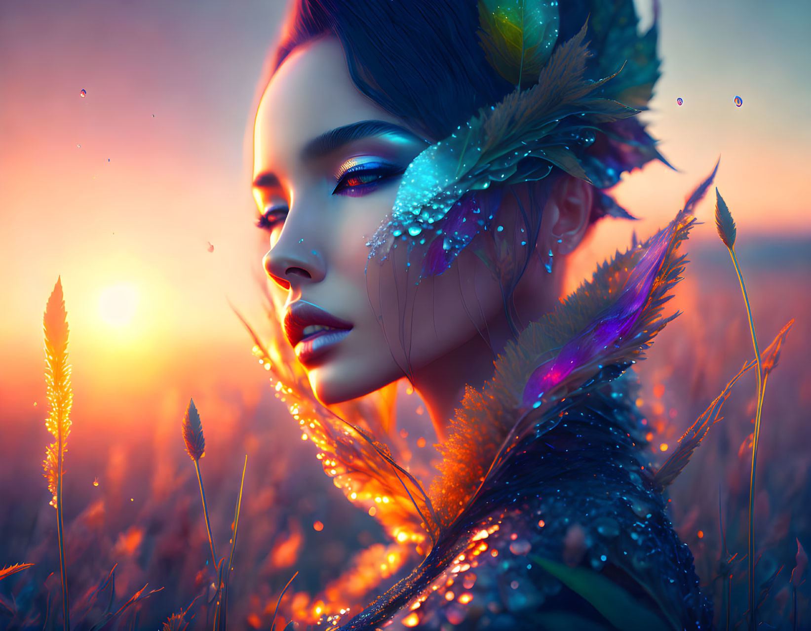 Vibrant feather adornments and glitter makeup on woman in golden field at sunset
