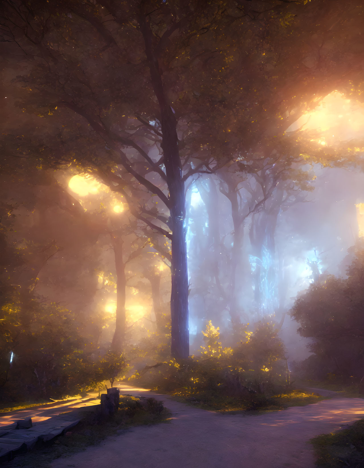 Enchanting forest scene with golden light and foggy ambiance