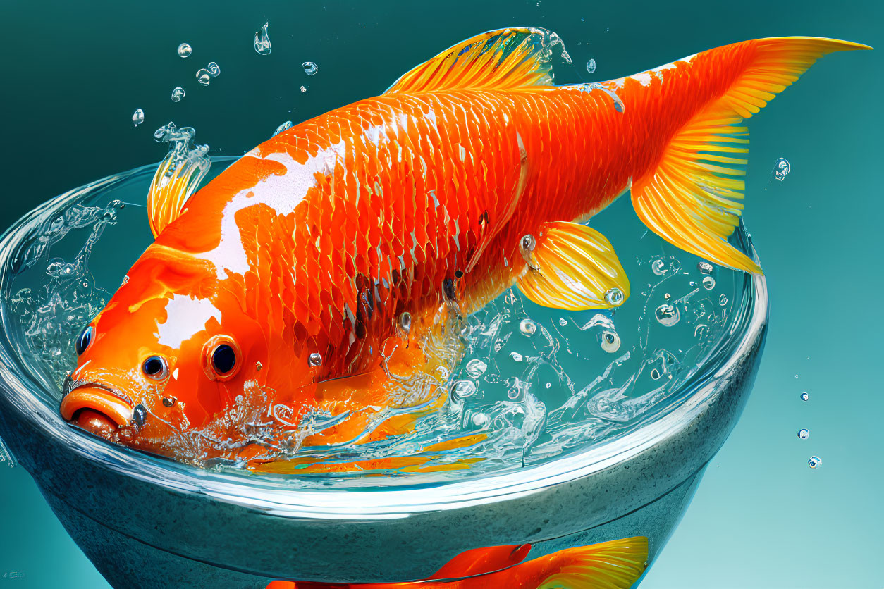 Vibrant orange koi fish in glass bowl with teal background