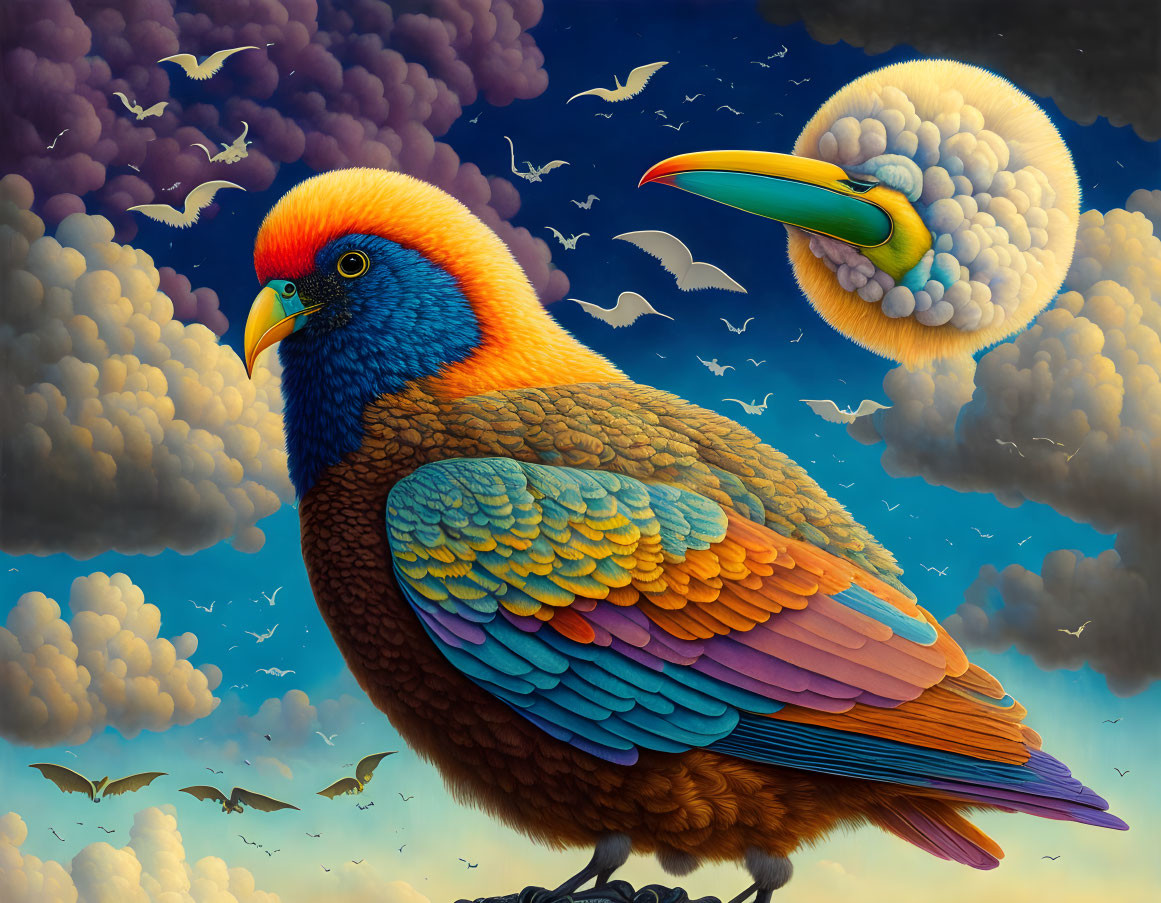 Colorful painting of a dodo-like bird with blue face and orange feathers in surreal setting