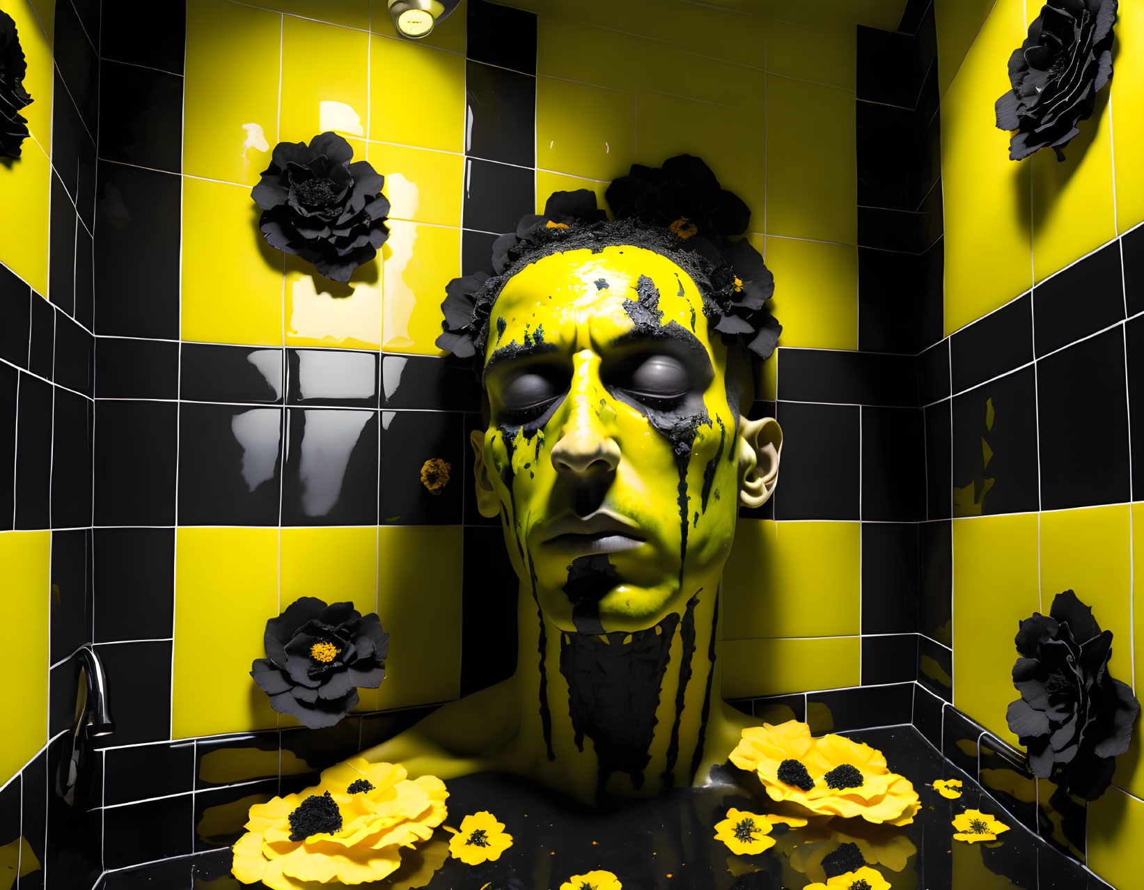 Surreal head with dripping yellow paint in black and yellow tiled room