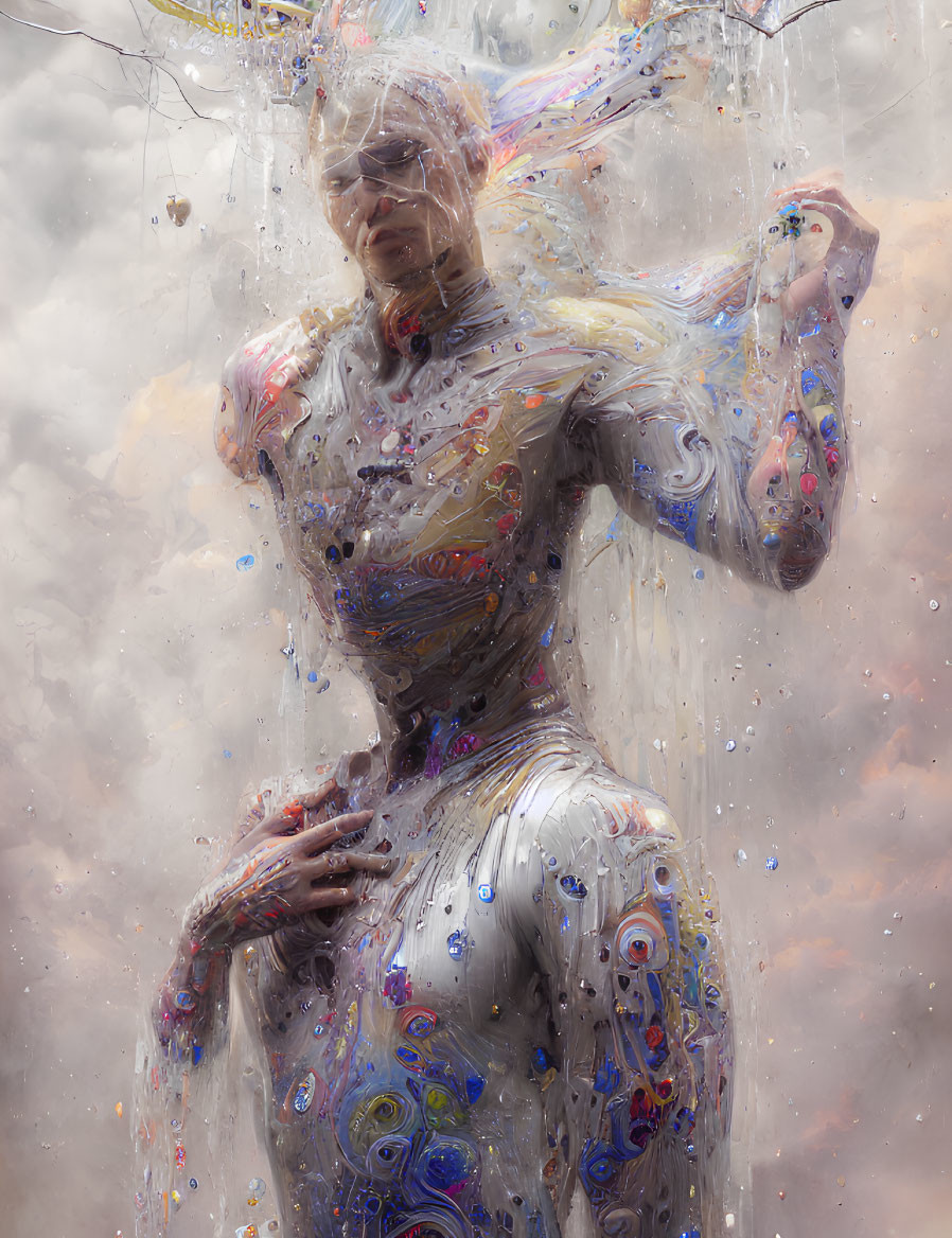 Translucent membrane surrounds humanoid figure with colorful liquid and bubbles