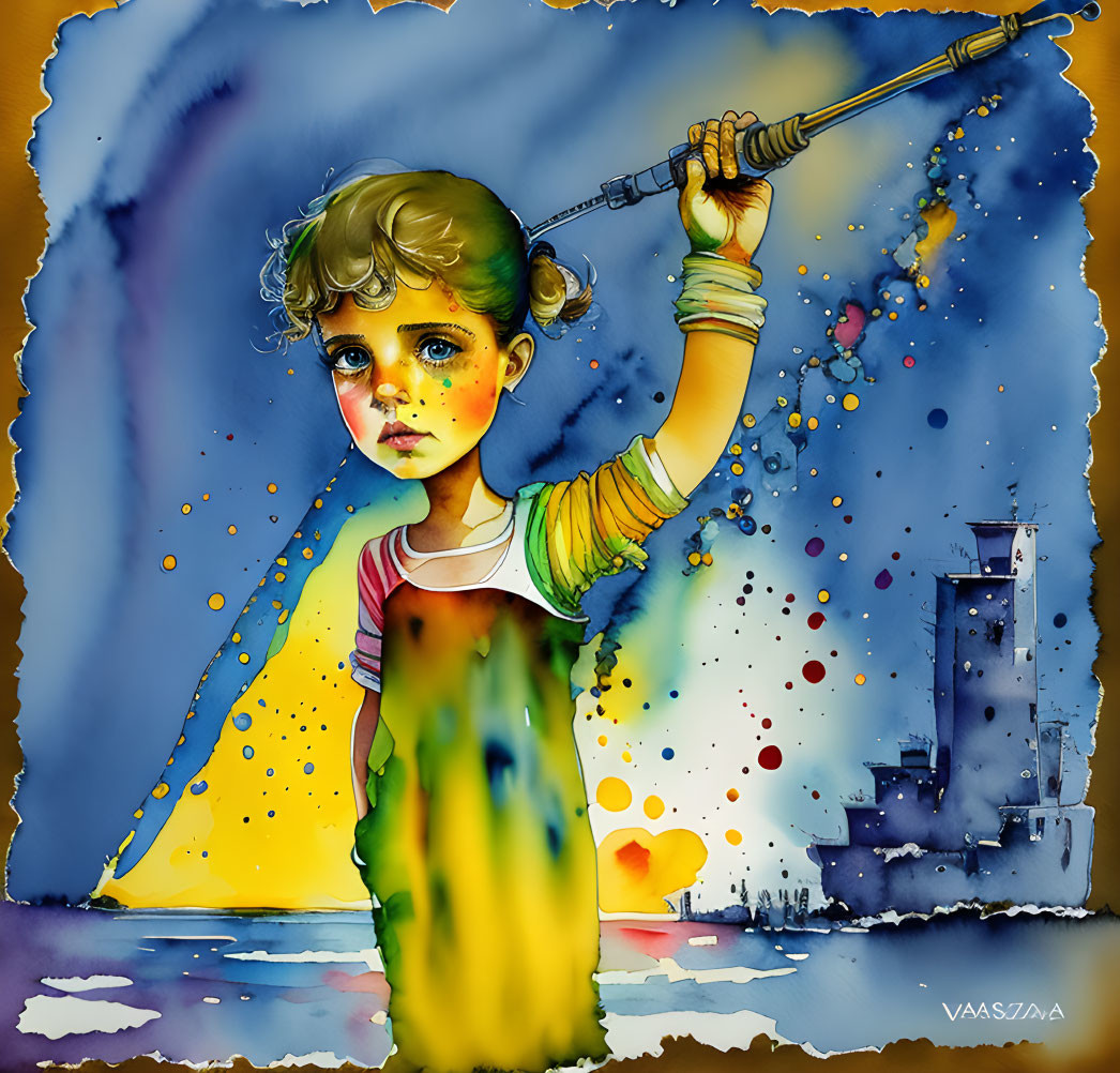 Child with Striking Green Eyes Holding Ship's Wheel in Vibrant Abstract Maritime Scene