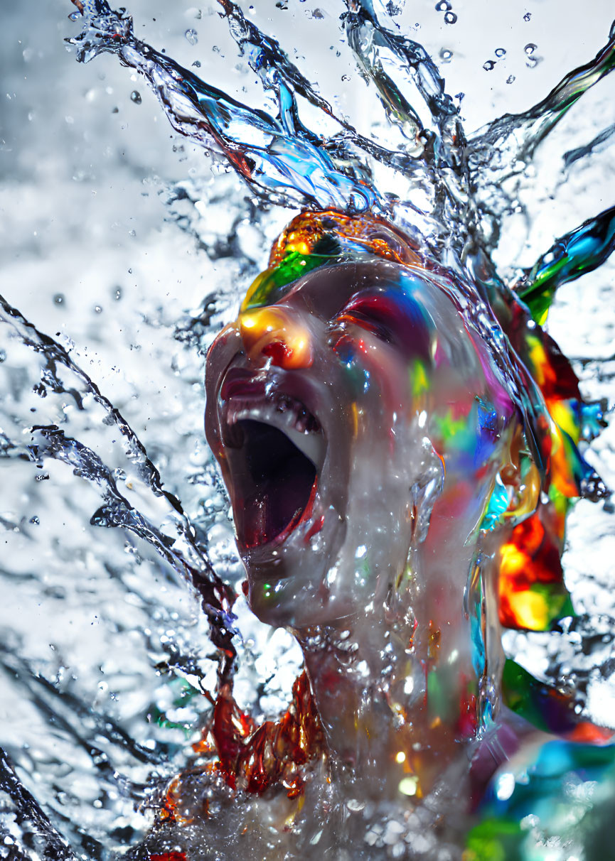 Colorful person surrounded by dynamic water splashes in artwork.