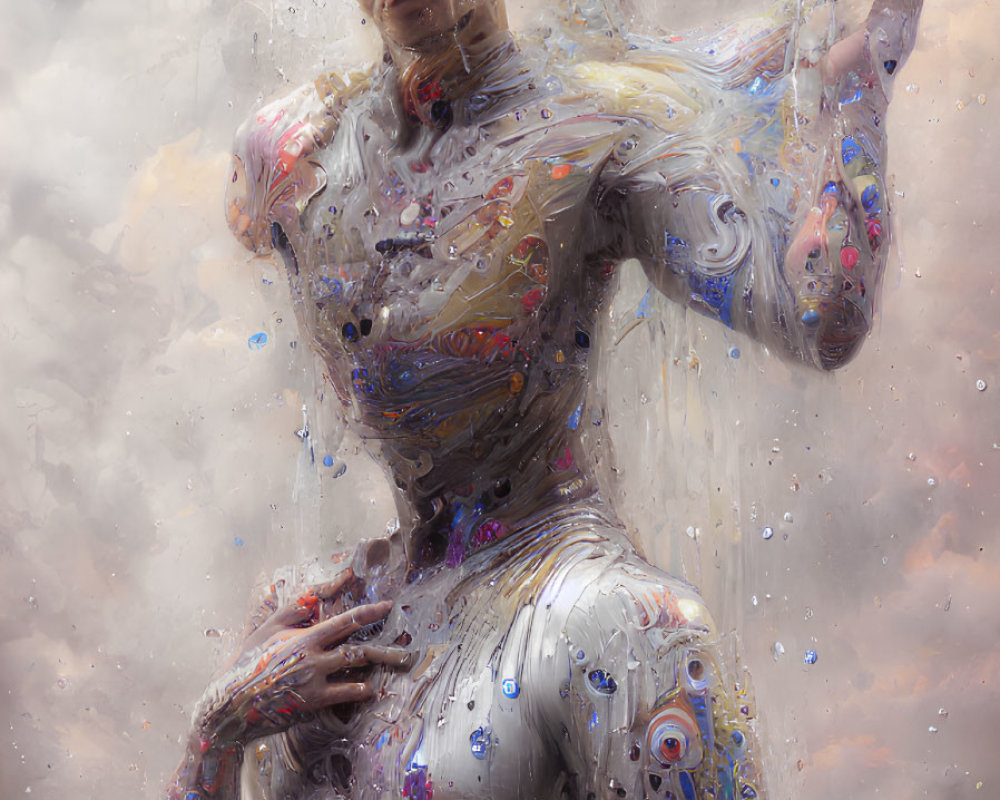 Translucent membrane surrounds humanoid figure with colorful liquid and bubbles