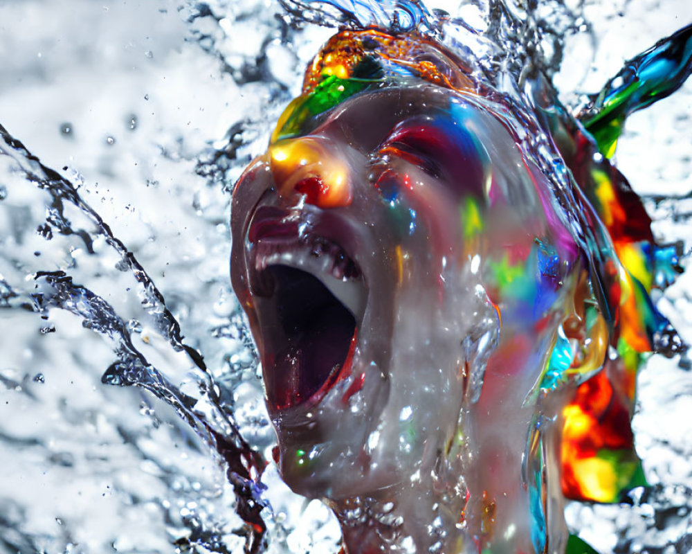 Colorful person surrounded by dynamic water splashes in artwork.