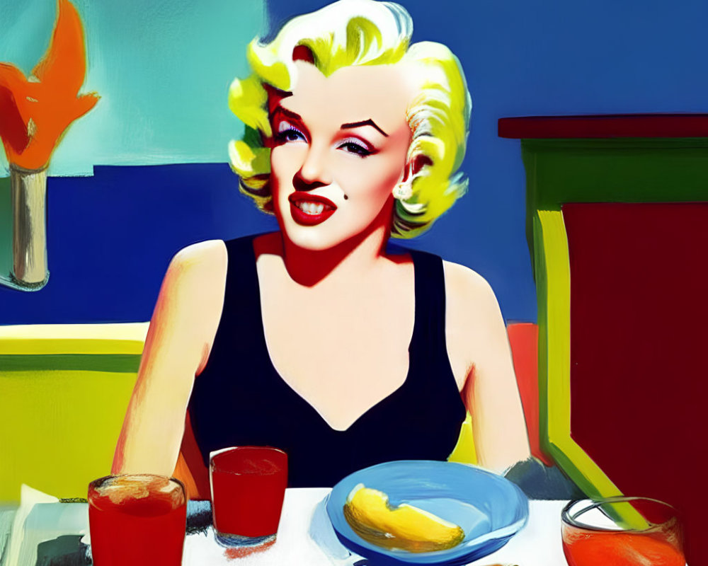 Colorful Stylized Painting of Blonde Woman at Table
