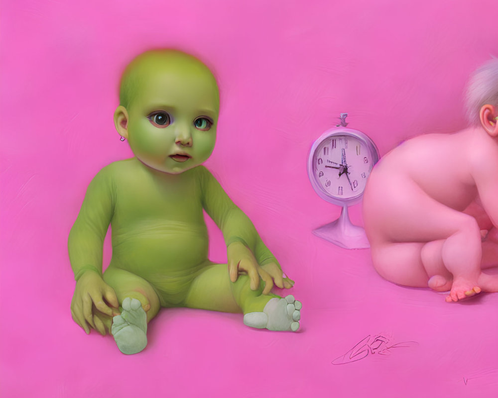 Surreal artwork featuring two babies with unique skin tones and an alarm clock on a pink background.