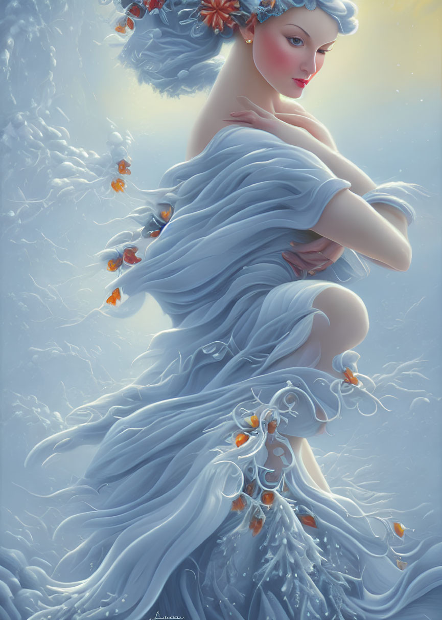 Ethereal figure in blue fabric with wintry theme and red berries