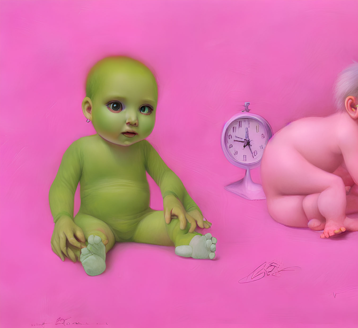 Surreal artwork featuring two babies with unique skin tones and an alarm clock on a pink background.