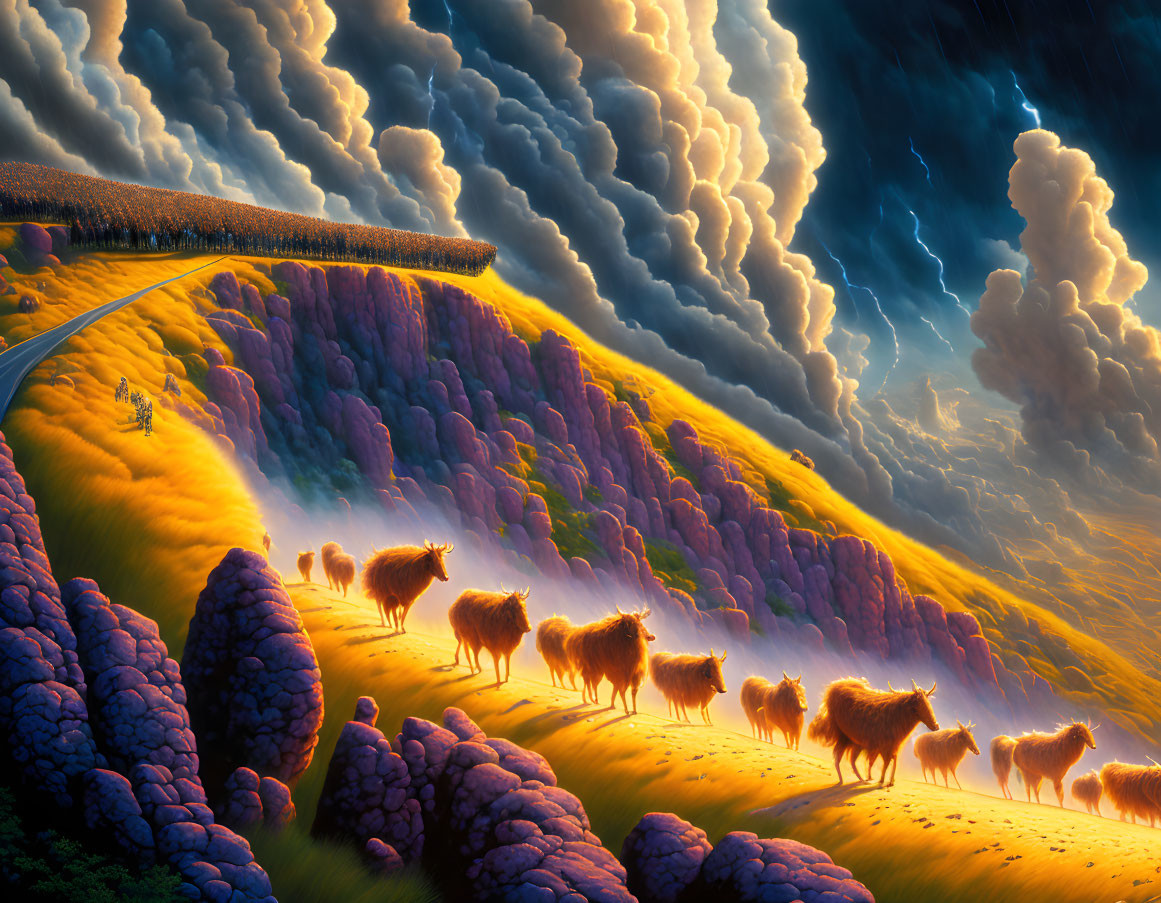 Digital artwork of sheep on rolling hills under dramatic sky