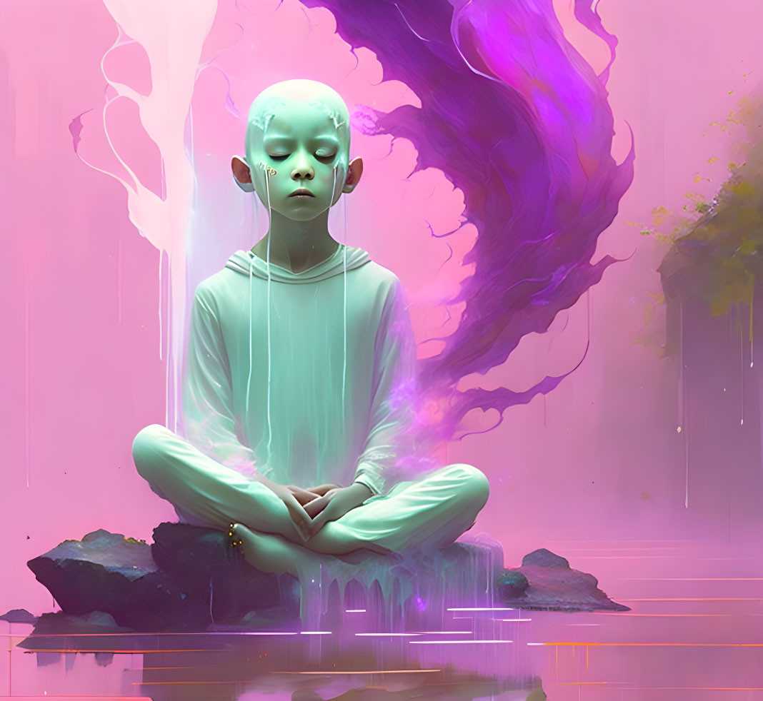 Meditating figure in pink and purple hues above water