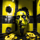 Person with yellow and black face paint blending into floral tiled background.