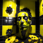 Surreal head with dripping yellow paint in black and yellow tiled room