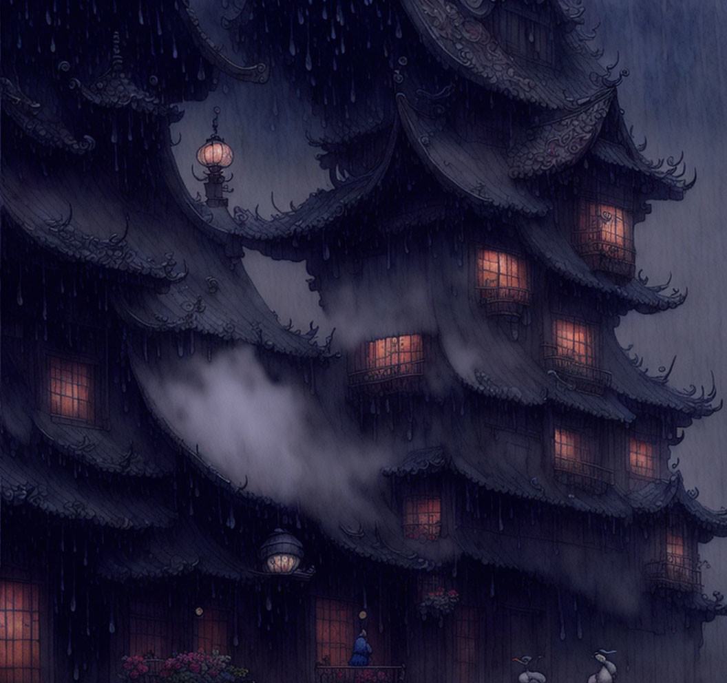 Traditional Asian building in rain and mist at night