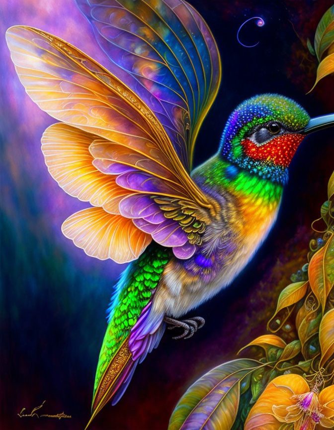 Colorful hummingbird in flight against dark floral backdrop