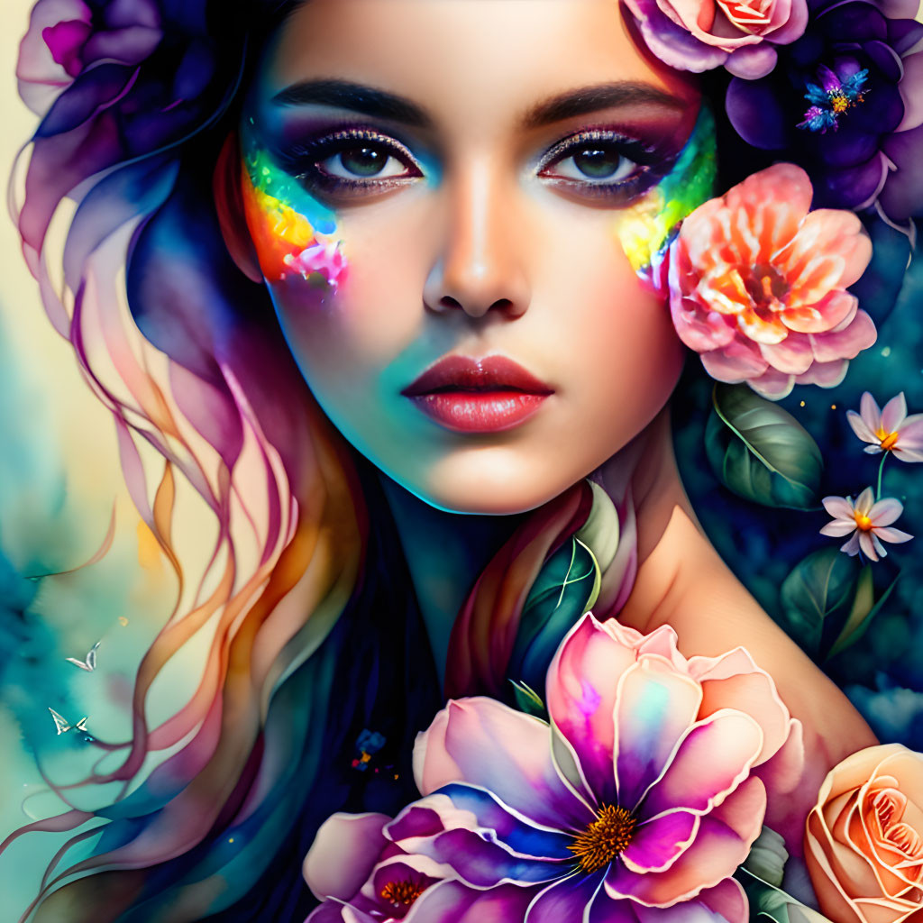 Colorful woman illustration with floral elements and fantasy vibes