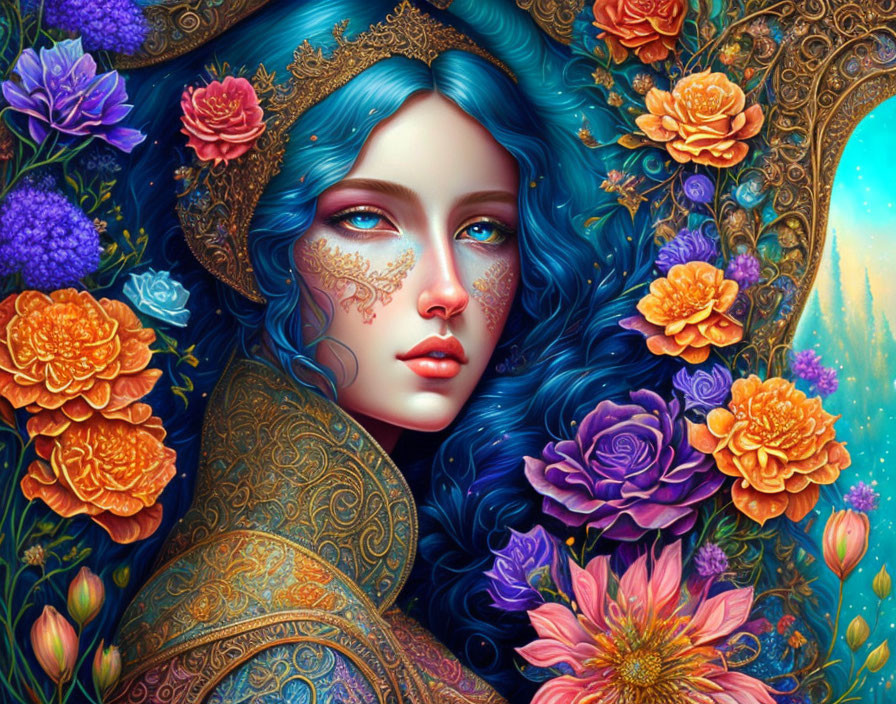 Colorful Illustration of Woman with Blue Hair and Floral Patterns