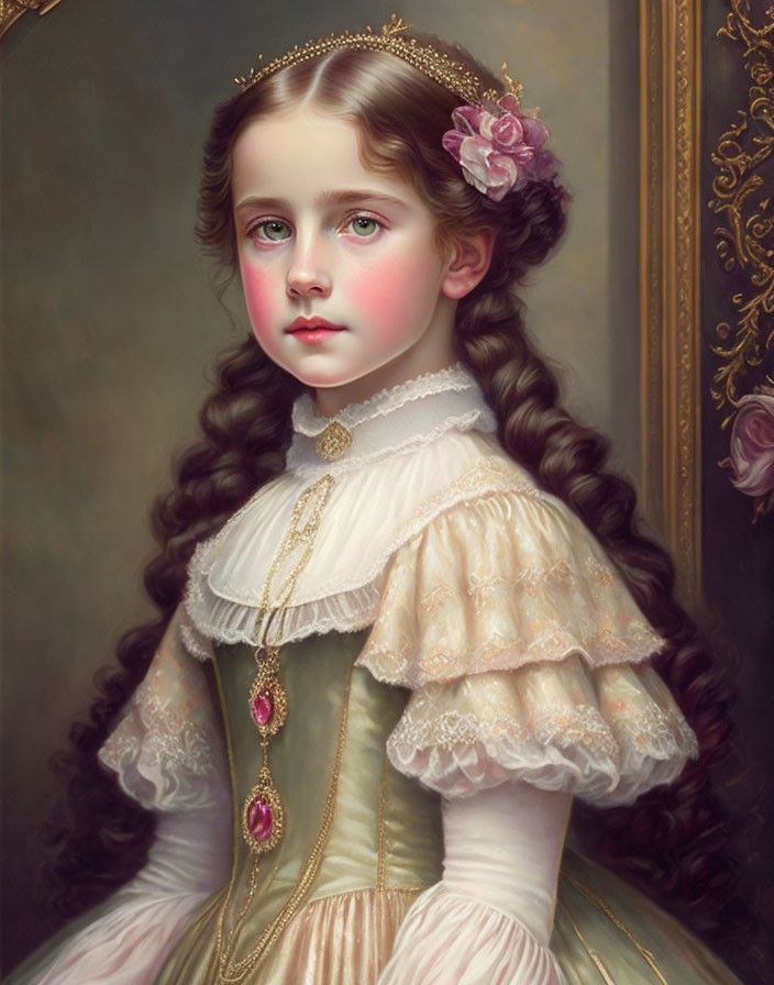 Portrait of young girl with curly hair in vintage dress and floral hair adornment