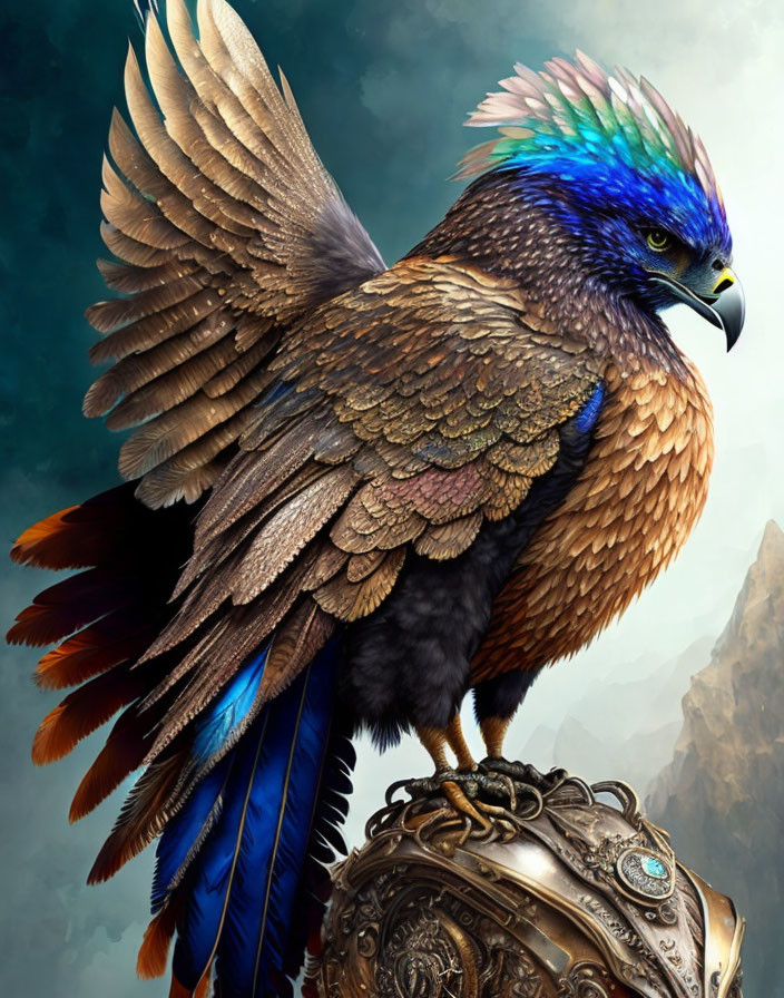 Colorful Mythical Eagle Perched on Ornate Metal Arm Guard