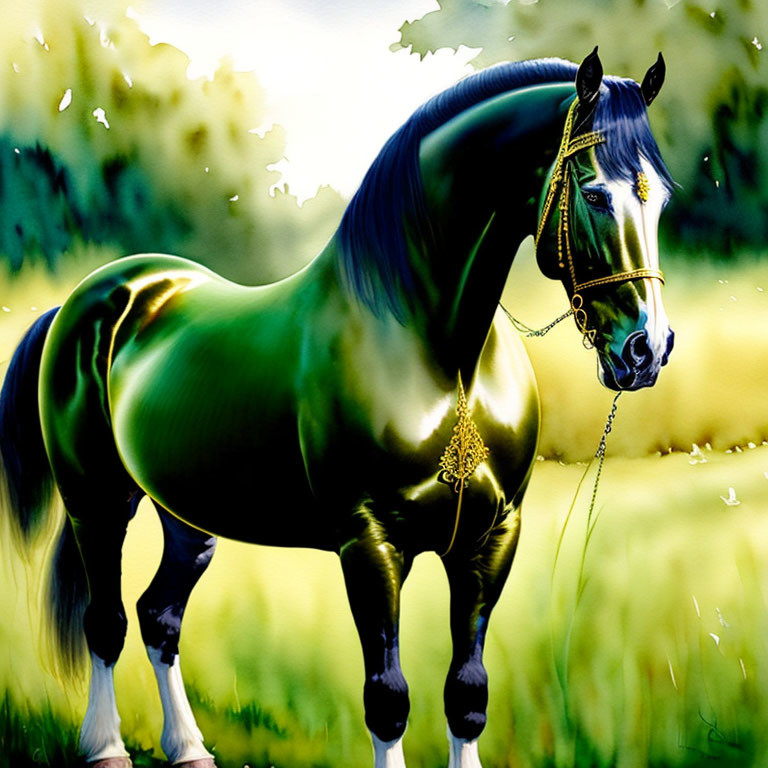 Glossy Black Horse with Green Highlights and Golden Bridle on Green Background