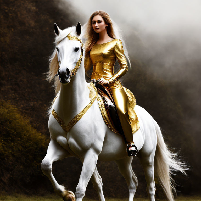 Woman in golden outfit riding white horse in misty natural backdrop