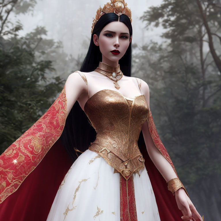 Regal queen in gold and white gown with red cape in foggy forest
