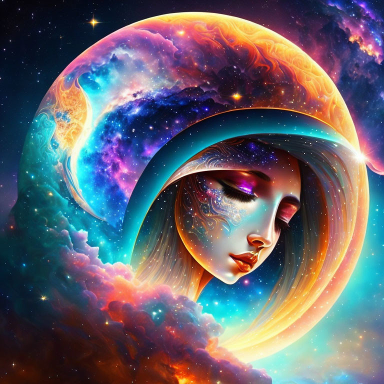 Digital artwork: Woman's profile merges with cosmic elements like stars, nebulae, and planet aura