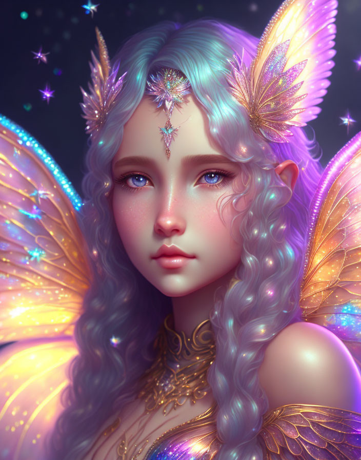 Fantasy art: Young woman with butterfly wings, multicolored hair, and gold jewelry on star