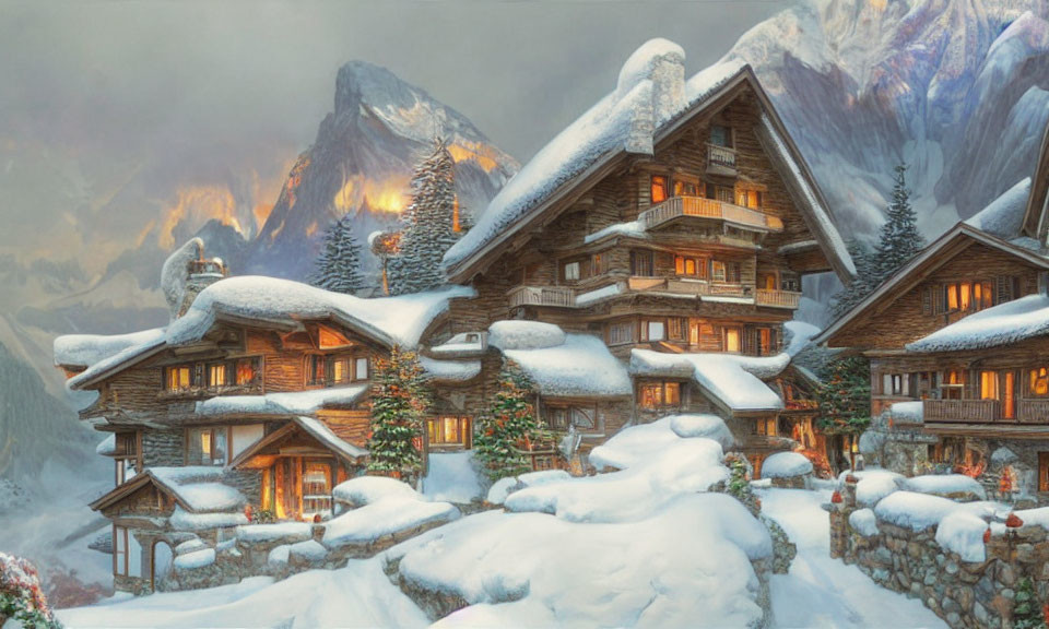 Snow-covered Chalet Houses in Mountainous Winter Landscape at Dusk