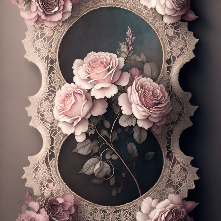 Intricate Lace Oval Frame with Pale Pink Roses on Dusky Background