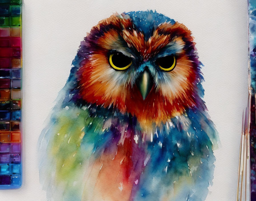 Colorful Owl Watercolor Painting with Palette and Brushes