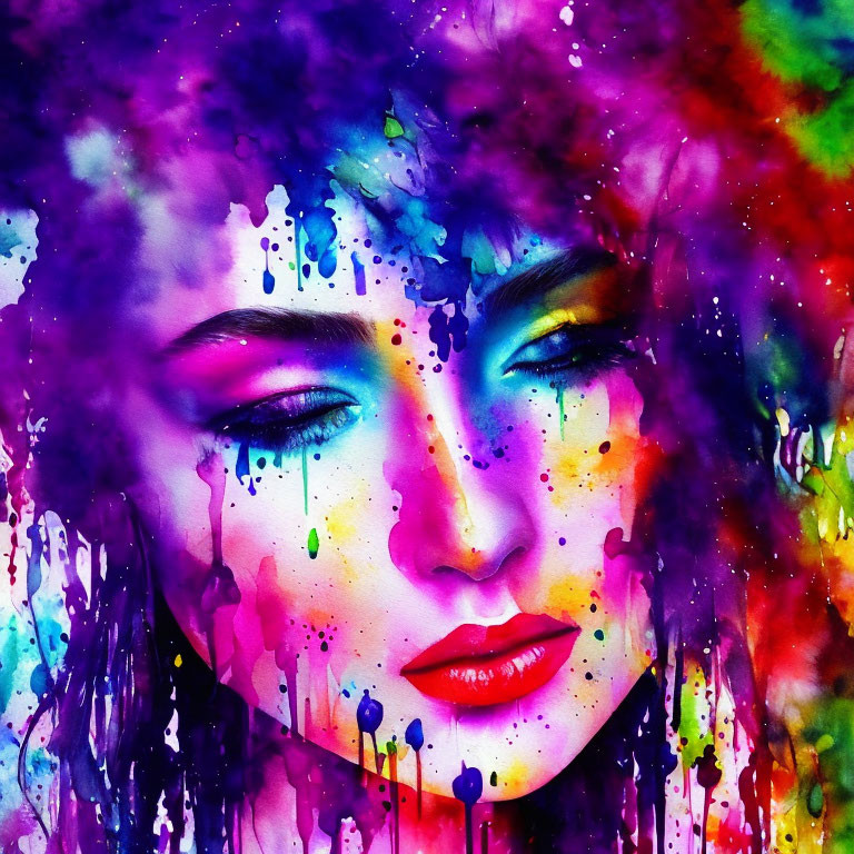 Colorful Watercolor Painting of Woman's Face with Abstract Dripping Effect