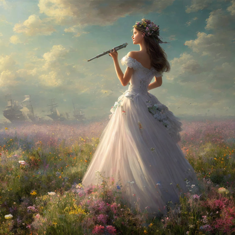 Woman in white gown with flute in sunlit field, ships in mist