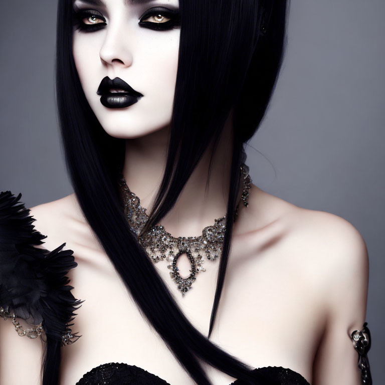 Dark makeup, black lipstick, straight hair, feathered accessory, ornate necklace