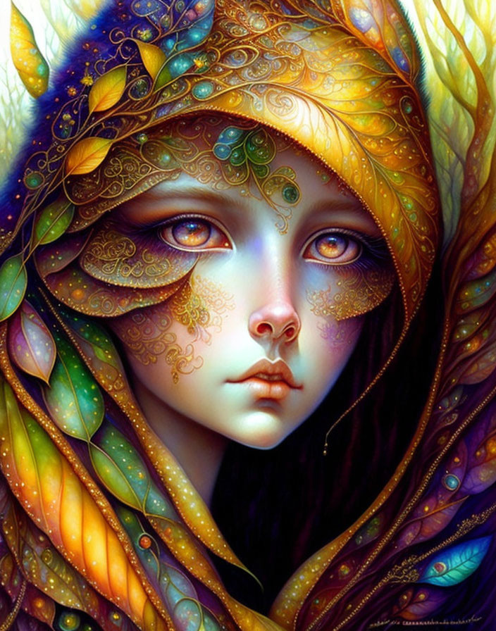 Colorful Illustration of Person with Expressive Eyes and Golden Patterns