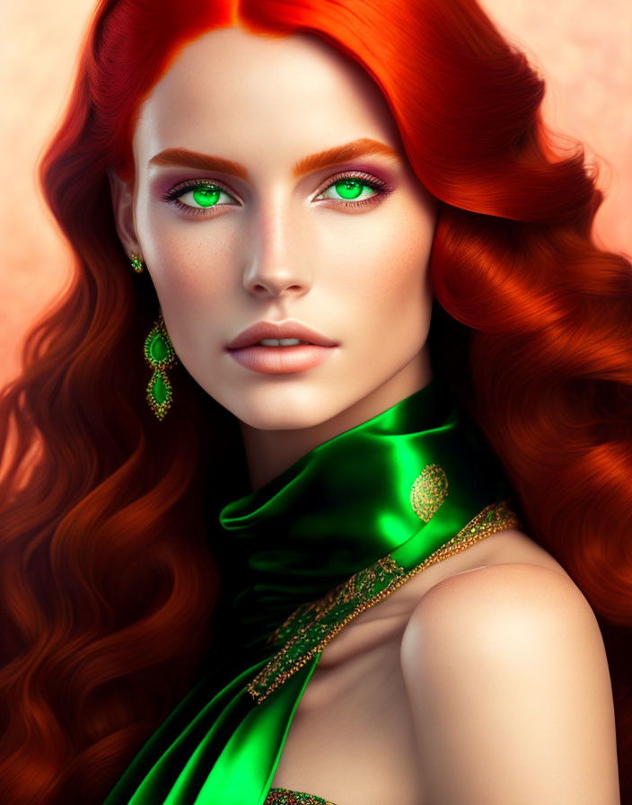 Vivid Red Hair Woman in Green Satin Dress with Gold Embellishments