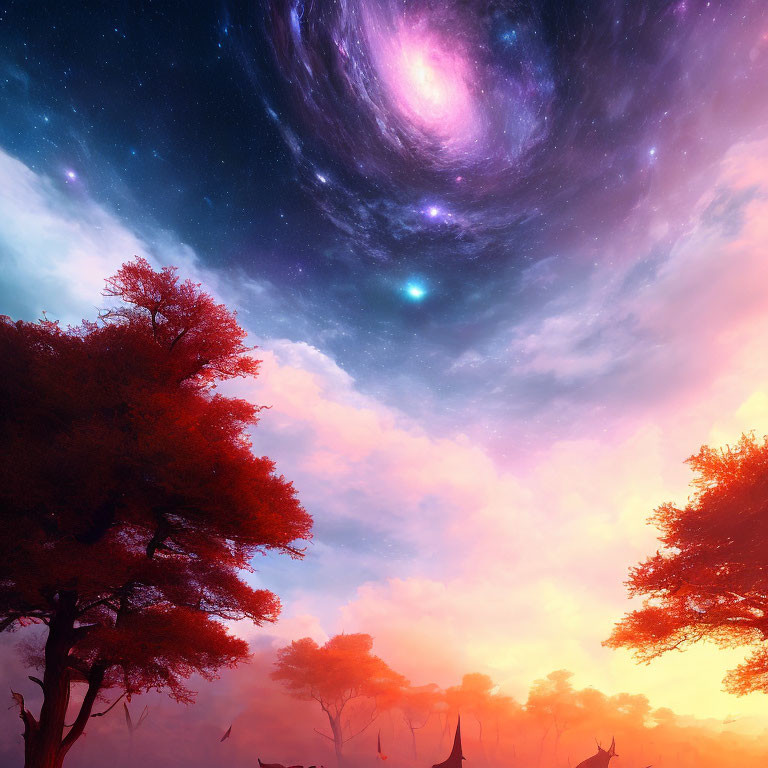 Surreal landscape with purple galaxy above misty forest