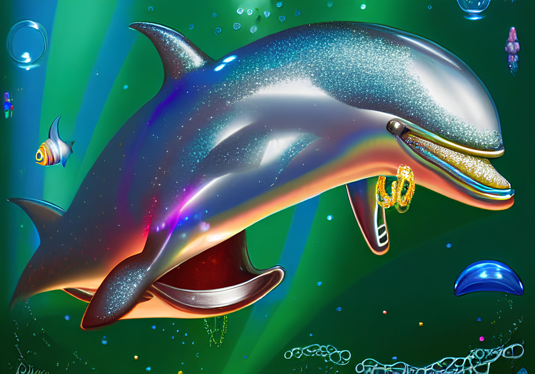Colorful digital artwork: Glittering dolphin with gold jewelry in underwater scene