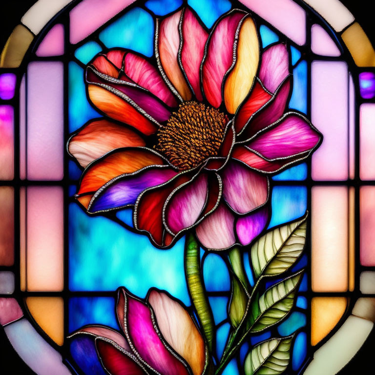 Colorful Stained Glass Window with Large Flower Design