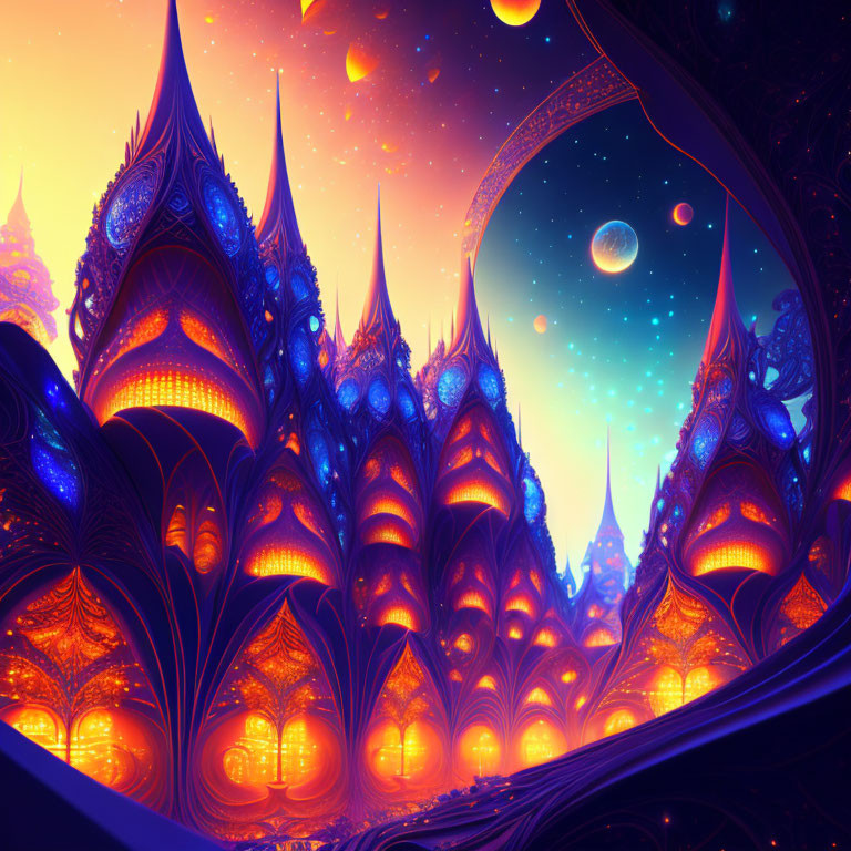 Alien landscape with glowing spire-like structures under starry sky