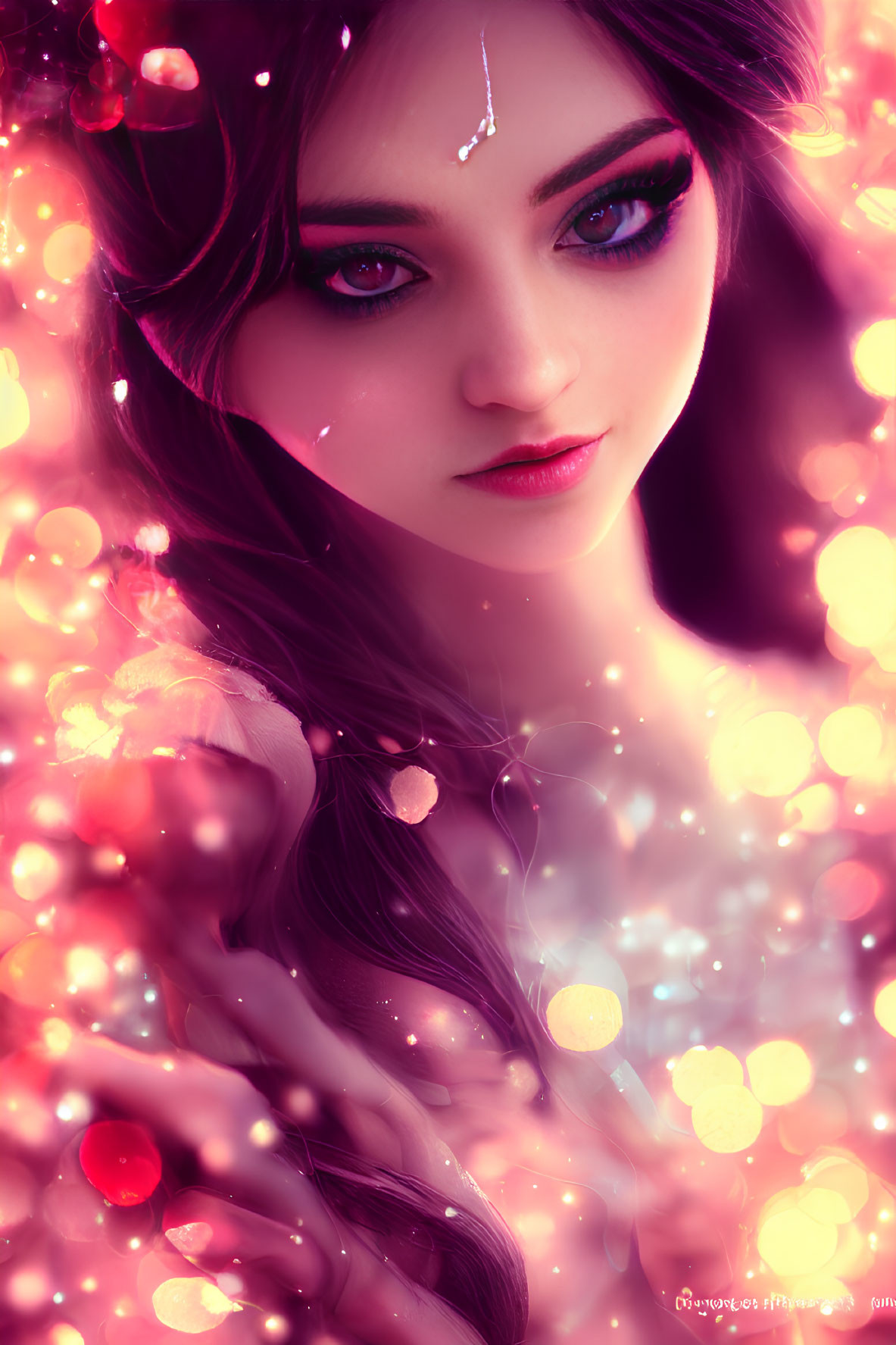 Digital artwork featuring woman with deep purple eyes in magical setting