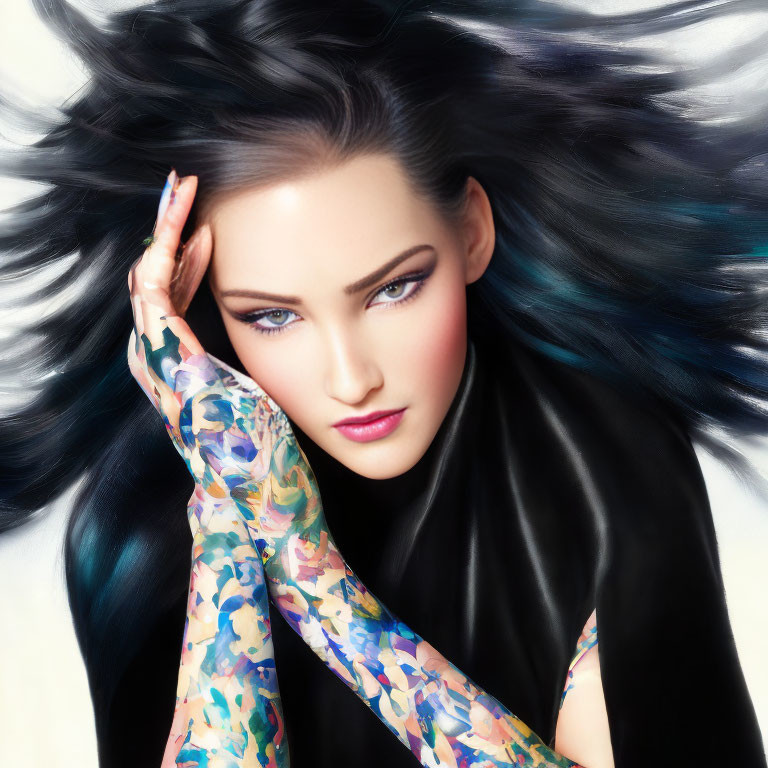 Woman with Striking Blue Eyes and Long Black Hair in Patterned Sleeve Pose