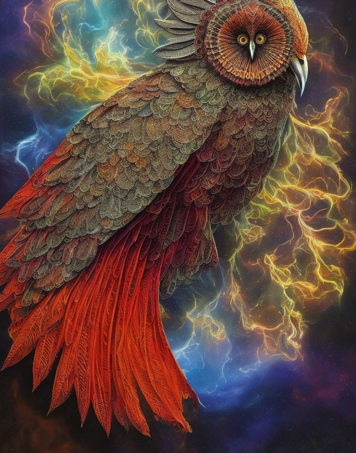 Detailed Owl Illustration with Red and Grey Feathers on Cosmic Background