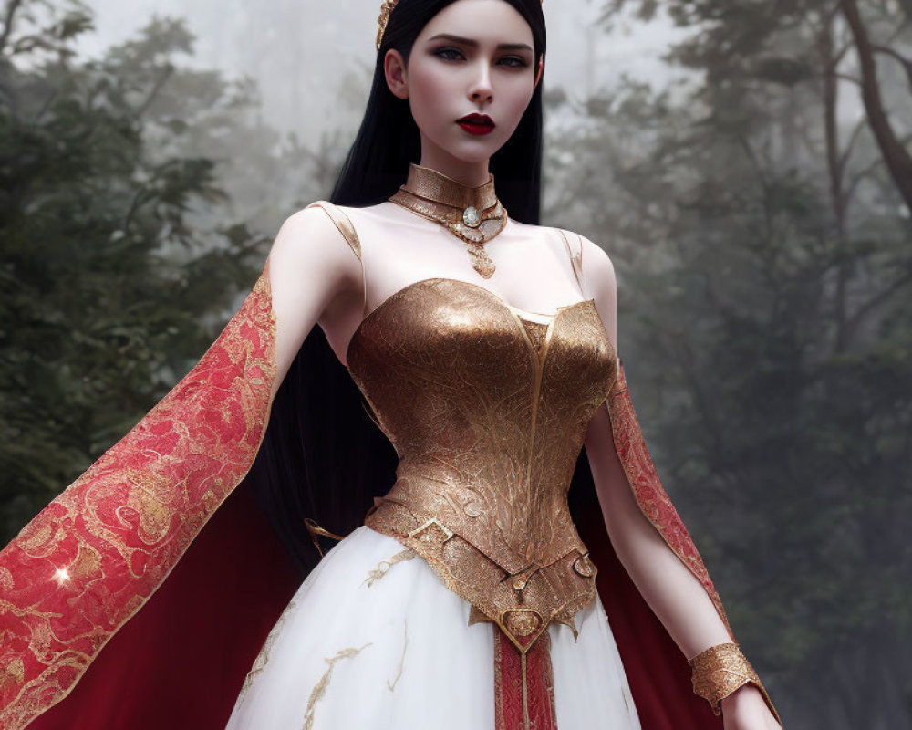 Regal queen in gold and white gown with red cape in foggy forest