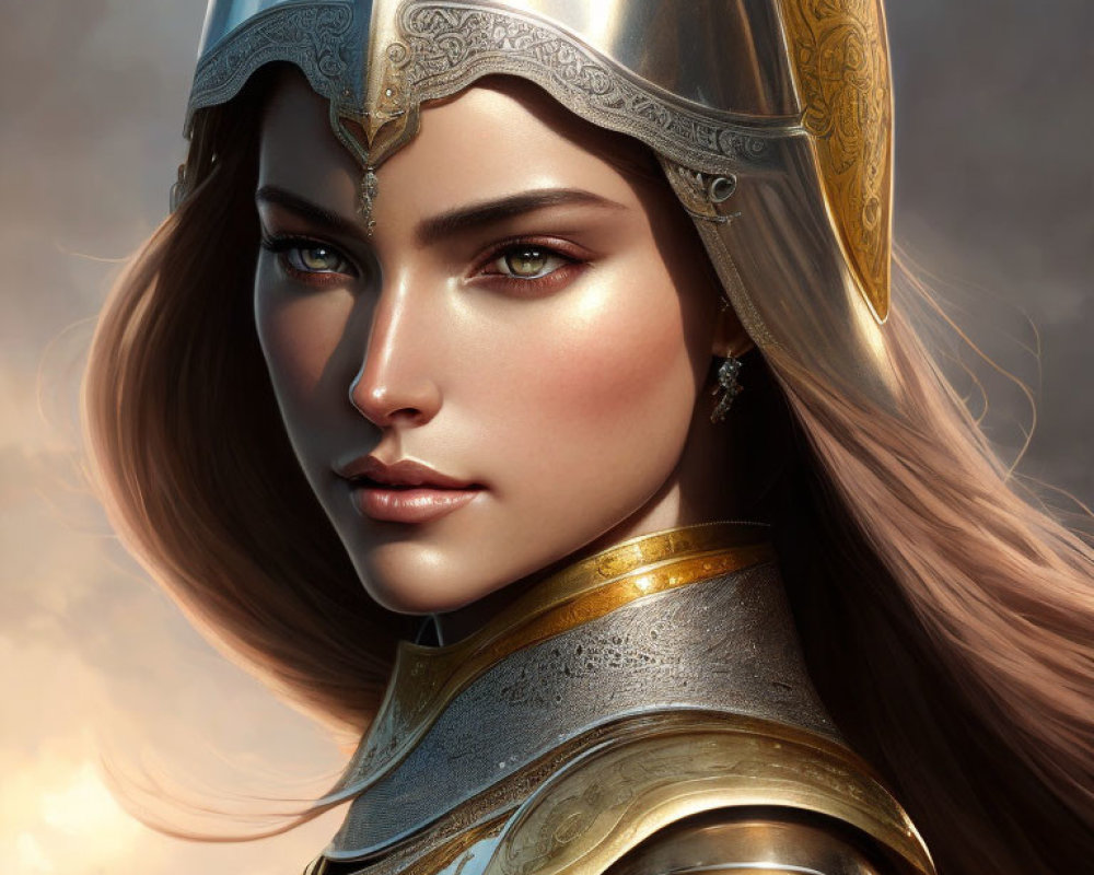 Fantasy female warrior portrait in silver and gold armor against cloudy sky